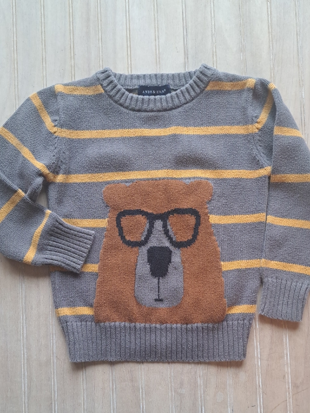 Andy & Evan Bear Intarsia 100% Cotton Knit Sweater Toddler 3T Gray Striped Comfy